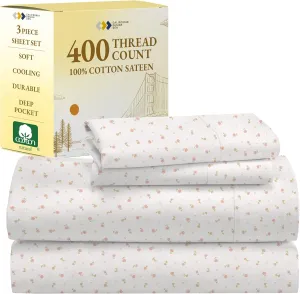 California Design Den Printed Twin XL Sheet Sets - 400 Thread Count Sateen, Natural 100% Cotton Bed Sheets, Deep Pockets, Cooling and Durable Bedding Set - Soft Floral