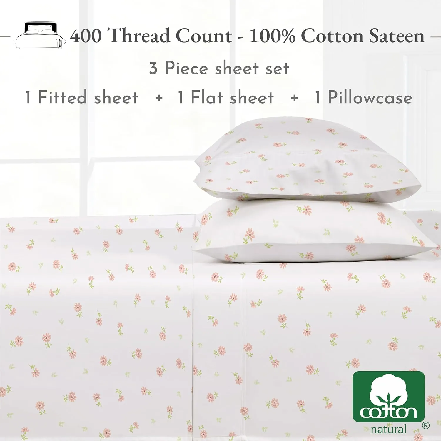 California Design Den Printed Twin XL Sheet Sets - 400 Thread Count Sateen, Natural 100% Cotton Bed Sheets, Deep Pockets, Cooling and Durable Bedding Set - Soft Floral