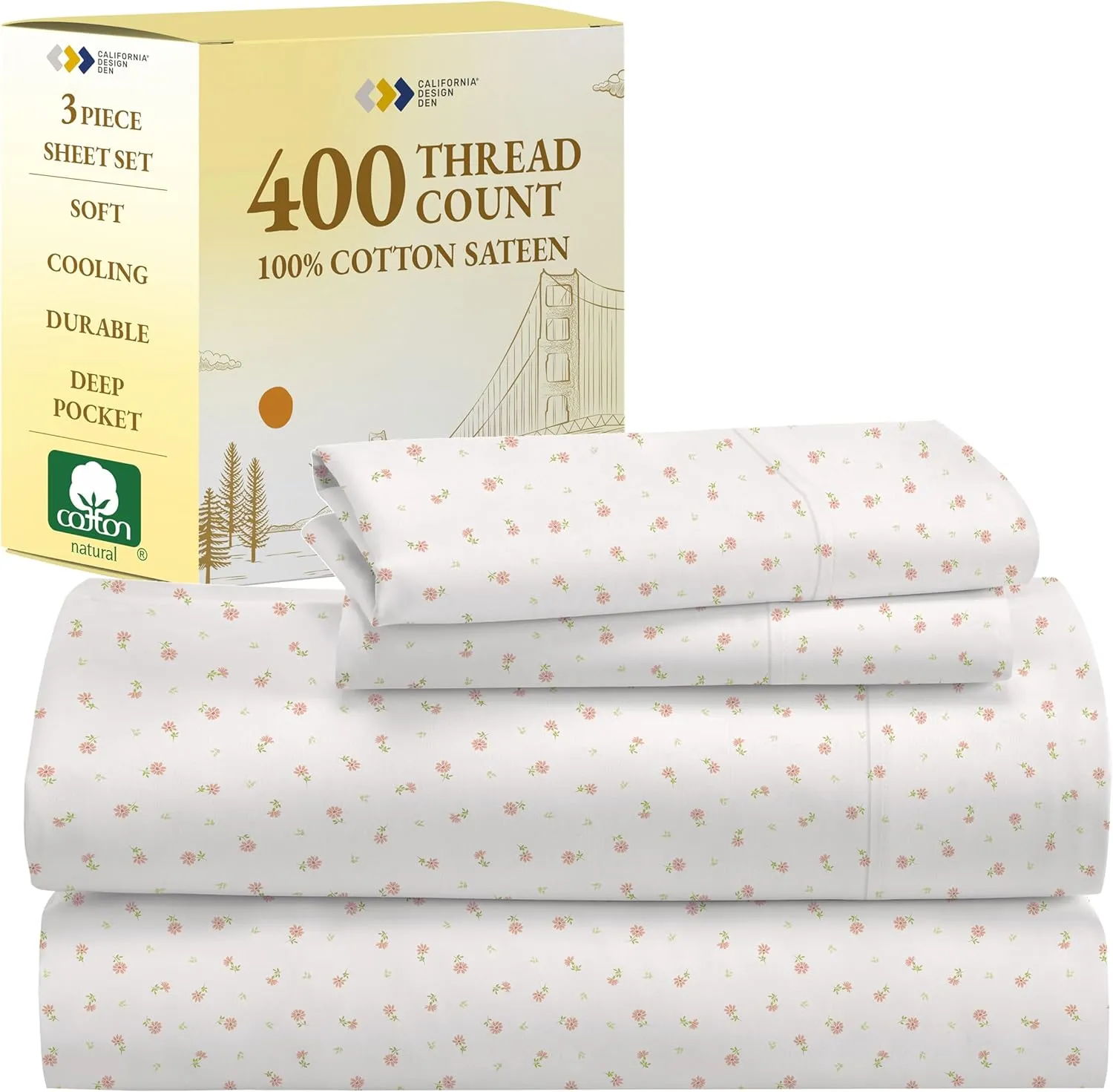 California Design Den Printed Twin XL Sheet Sets - 400 Thread Count Sateen, Natural 100% Cotton Bed Sheets, Deep Pockets, Cooling and Durable Bedding Set - Soft Floral