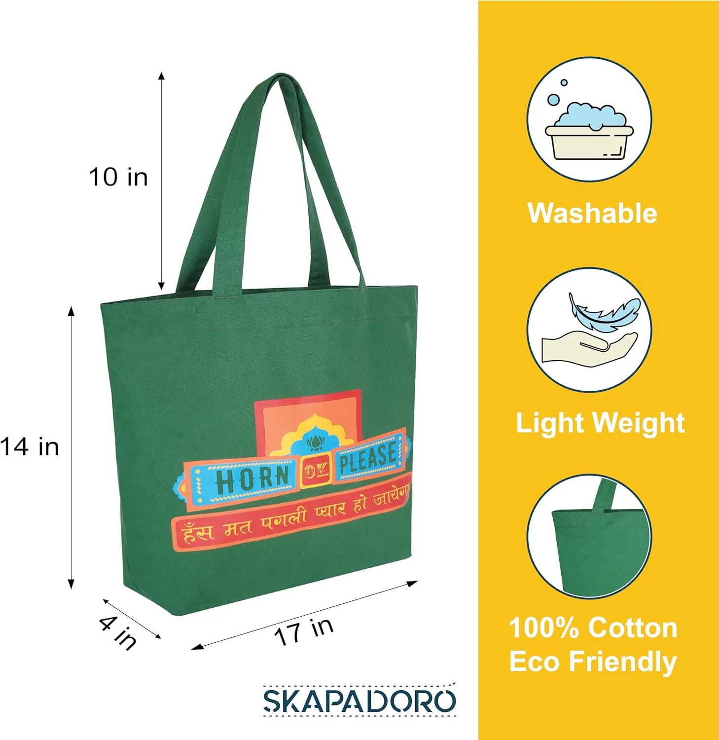 Canvas Big Zip Printed Handbag Tote, Cotton, Inner Pocket, Ecofriendly Bags for Women, Shopping Bag, Easy to Wash