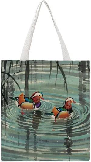 Canvas Tote Bag Chinese Style Mandarin Ducks Printed Tote Handbags Big Martin Canvas Tote Handbags Casual Shoulder Work Bag 15 X 16.1 Inches
