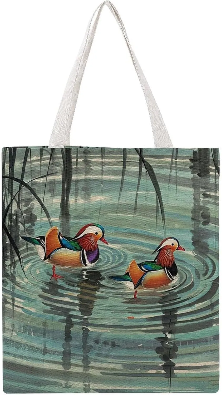 Canvas Tote Bag Chinese Style Mandarin Ducks Printed Tote Handbags Big Martin Canvas Tote Handbags Casual Shoulder Work Bag 15 X 16.1 Inches