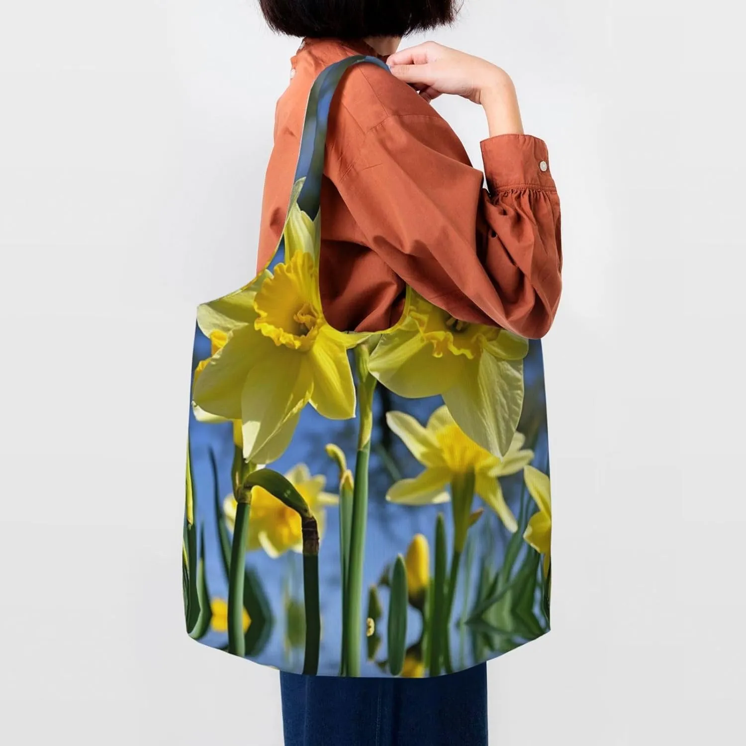 Canvas Tote Bag Lightweight Reusable Grocery Shopping Bag Yellow Daffodils Flowers Handbag for Women Men