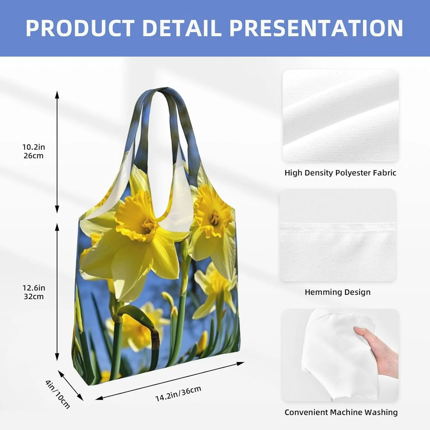 Canvas Tote Bag Lightweight Reusable Grocery Shopping Bag Yellow Daffodils Flowers Handbag for Women Men