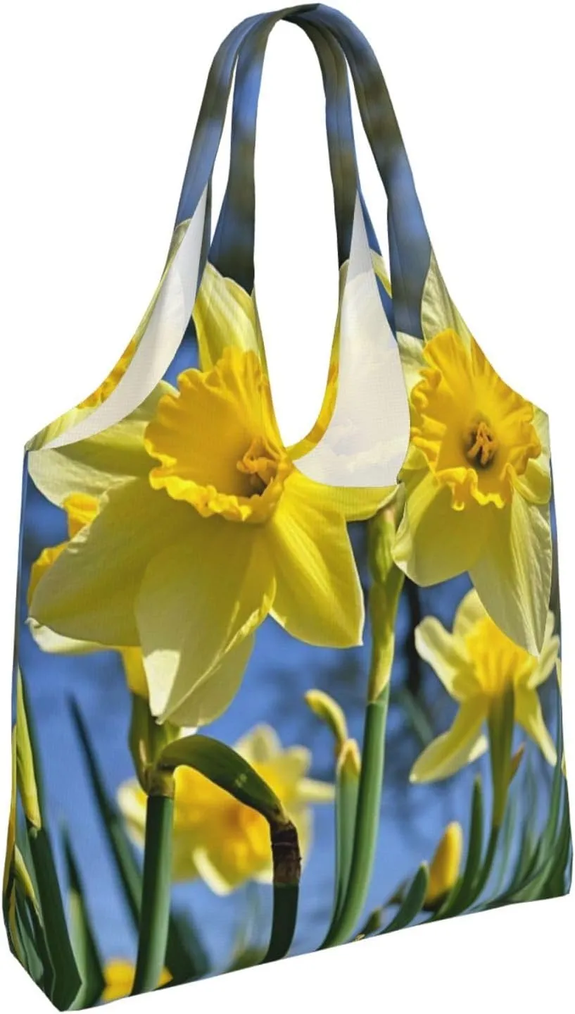 Canvas Tote Bag Lightweight Reusable Grocery Shopping Bag Yellow Daffodils Flowers Handbag for Women Men