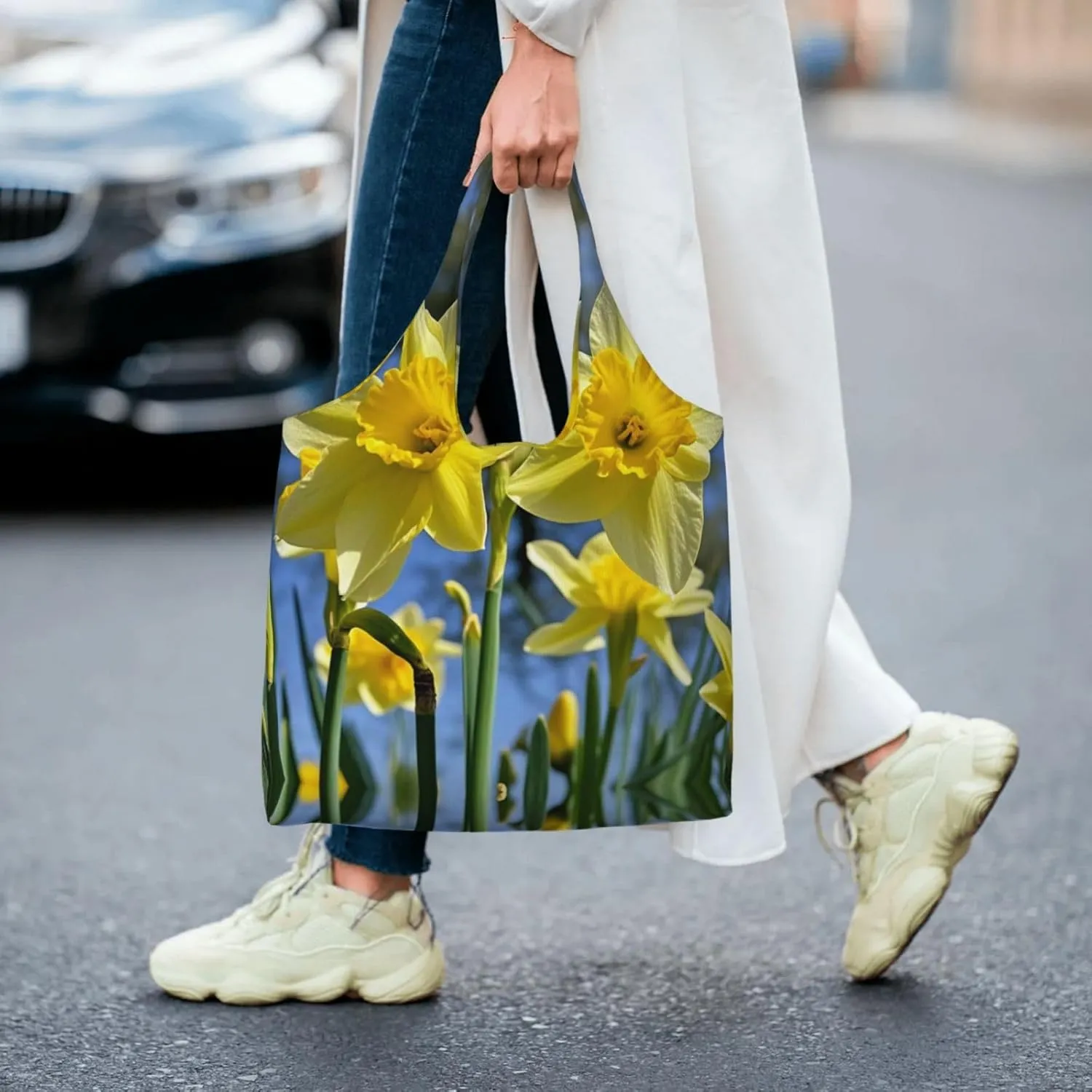 Canvas Tote Bag Lightweight Reusable Grocery Shopping Bag Yellow Daffodils Flowers Handbag for Women Men