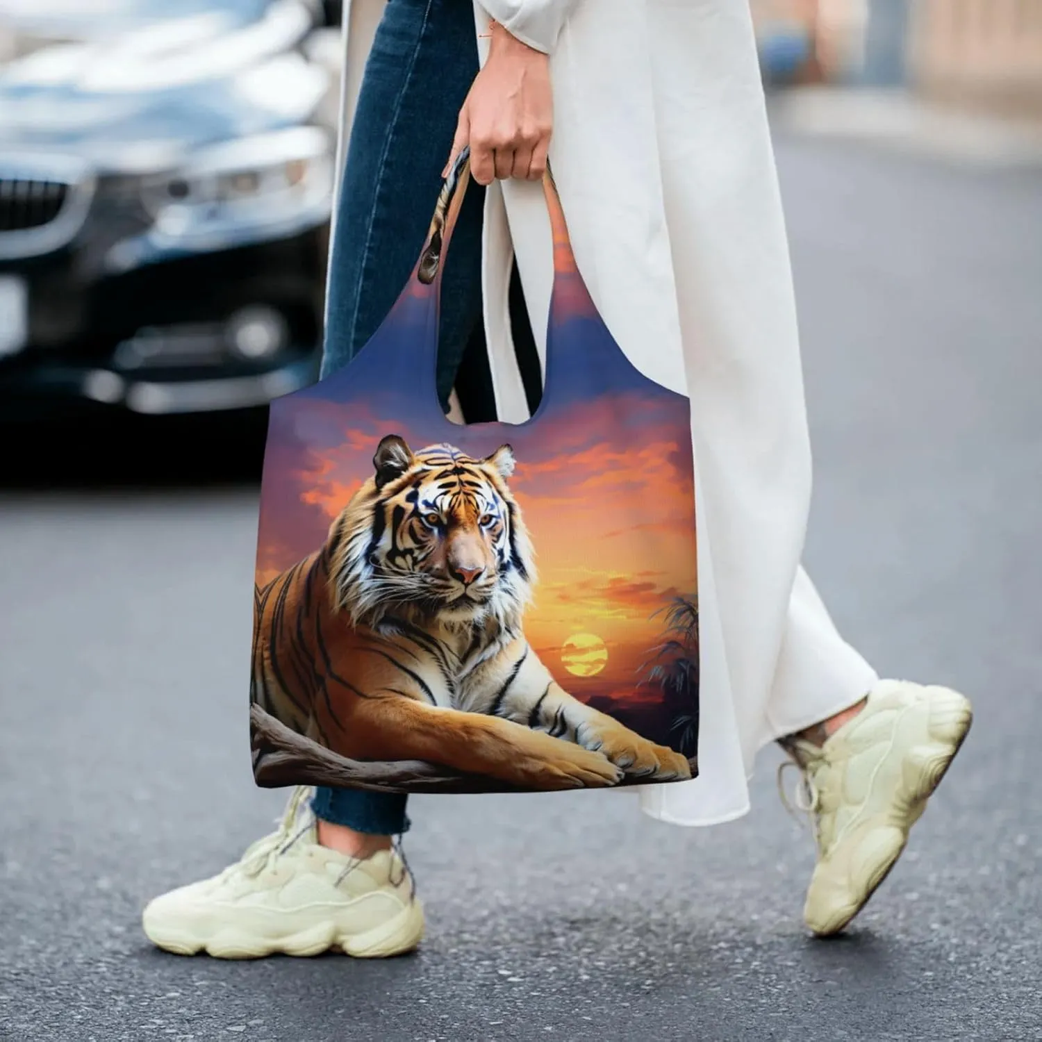 Canvas Tote Bag Reusable Grocery Bags Lightweight Handbag Blue and Orange Flowers Tote Bag for Shopping Cloth Bags