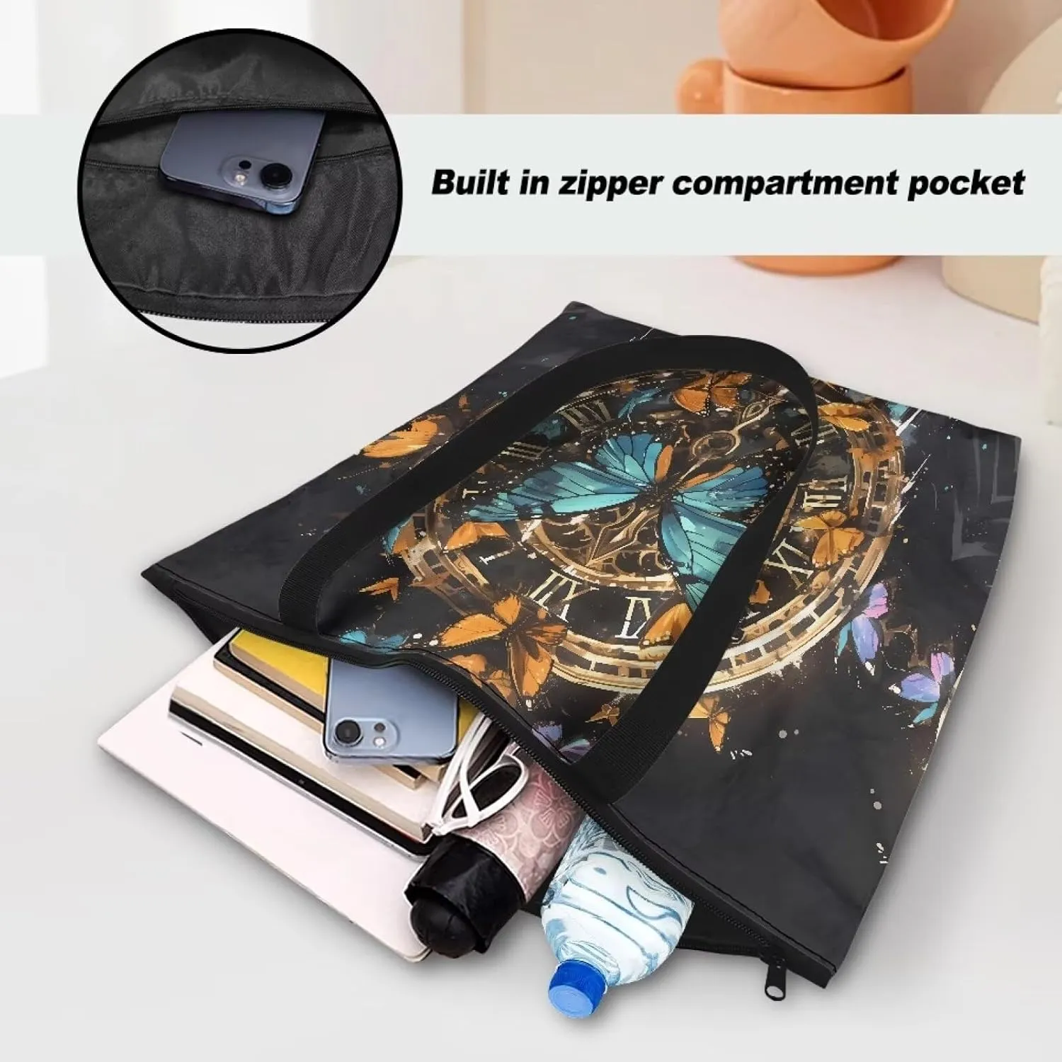 Cartoon Cat Leopard 14" Women Tote Paper Bag, Gothic Rose Shoulder Bag, Watercolor Sunflower Pineapple Commute Bag