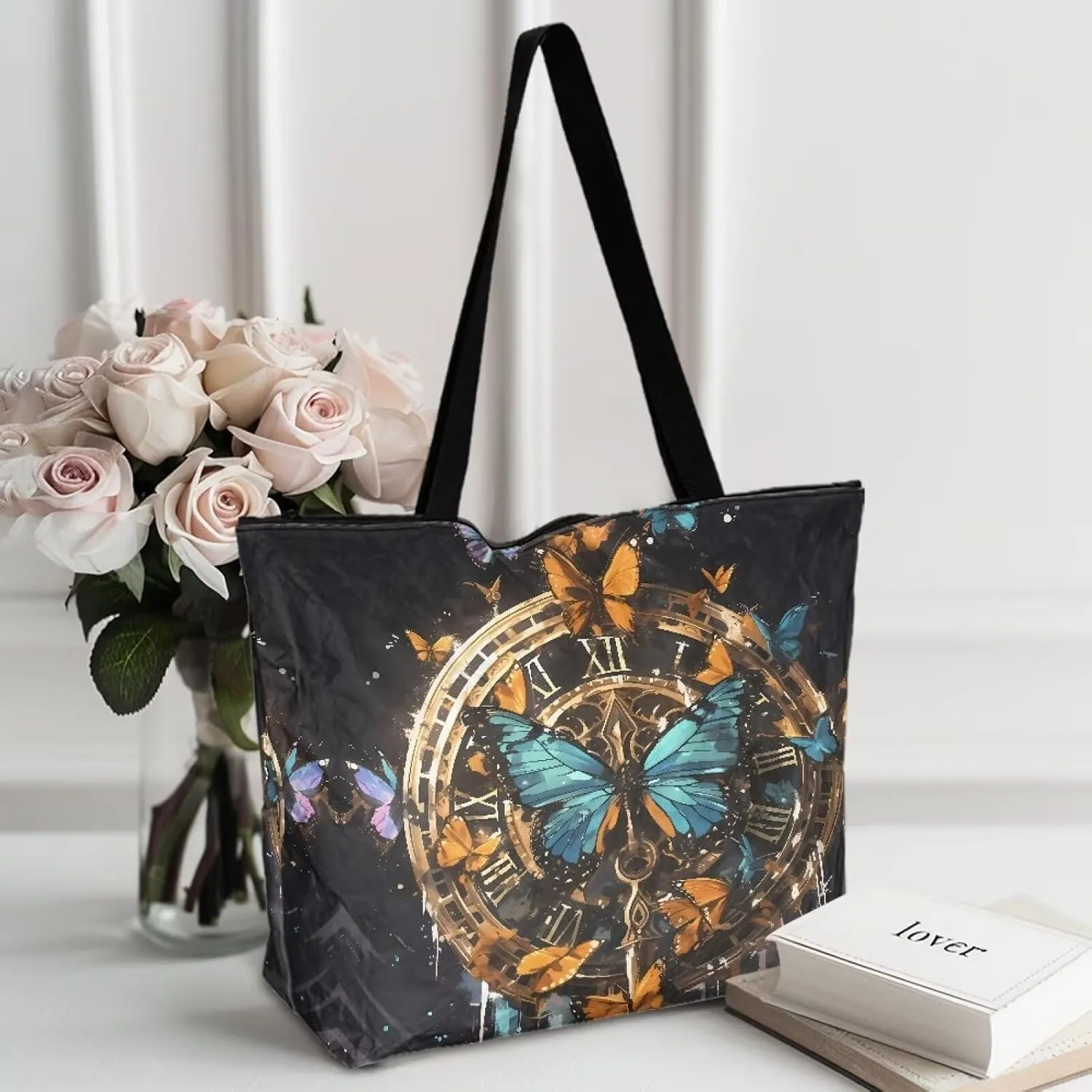 Cartoon Cat Leopard 14" Women Tote Paper Bag, Gothic Rose Shoulder Bag, Watercolor Sunflower Pineapple Commute Bag