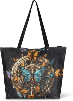 Cartoon Cat Leopard 14" Women Tote Paper Bag, Gothic Rose Shoulder Bag, Watercolor Sunflower Pineapple Commute Bag