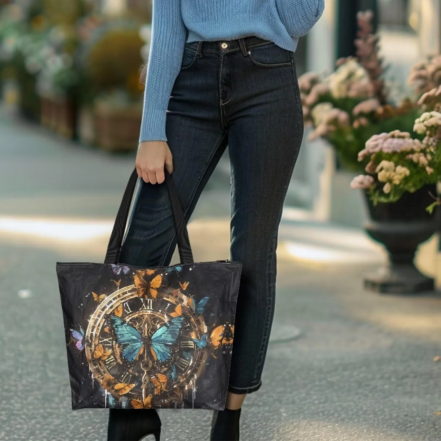 Cartoon Cat Leopard 14" Women Tote Paper Bag, Gothic Rose Shoulder Bag, Watercolor Sunflower Pineapple Commute Bag