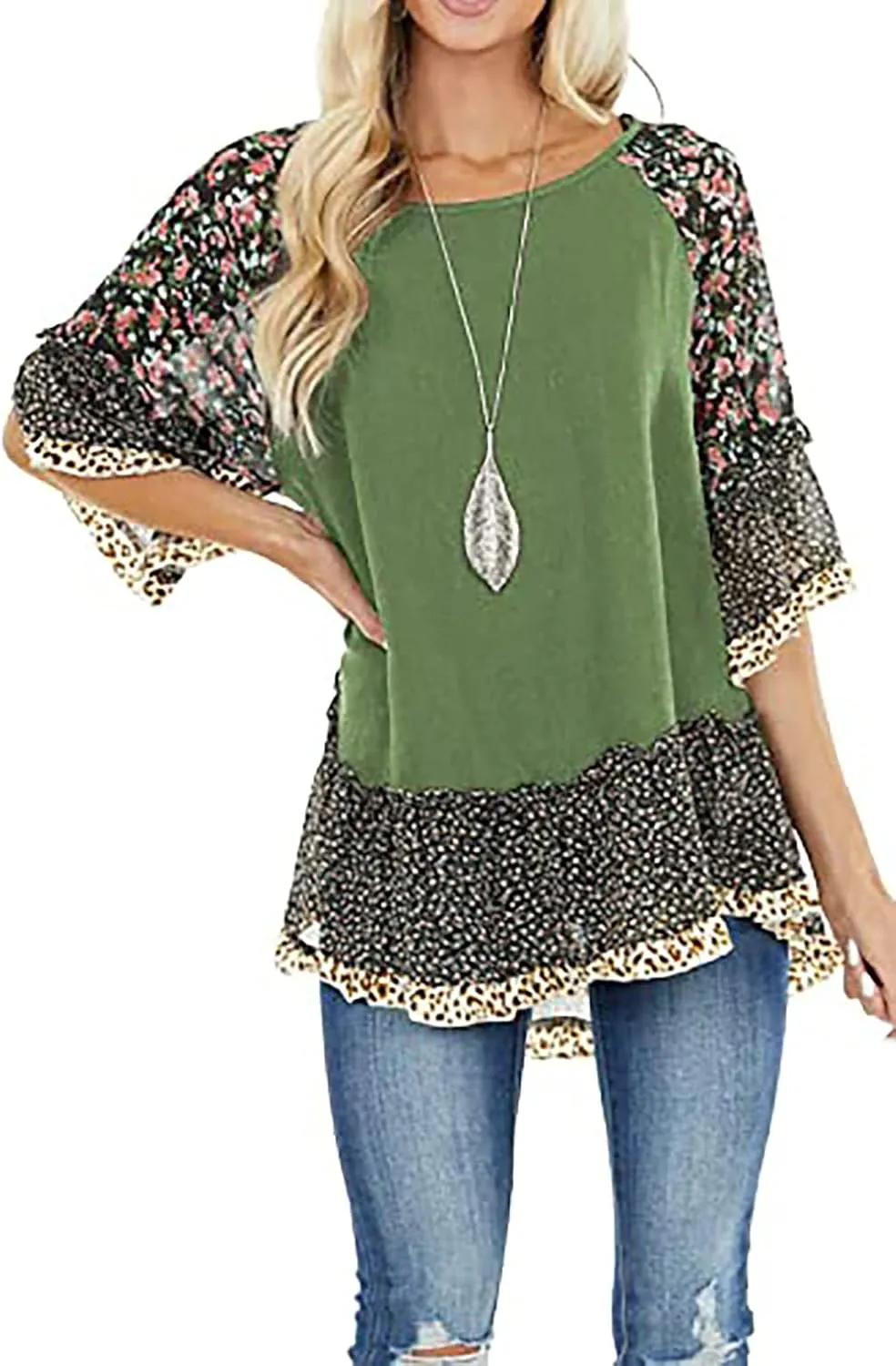 CASURESS Women's Floral Printed Ruffle 3 4 Sleeve Shirt Batwing Loose Tops Blouses Pullover
