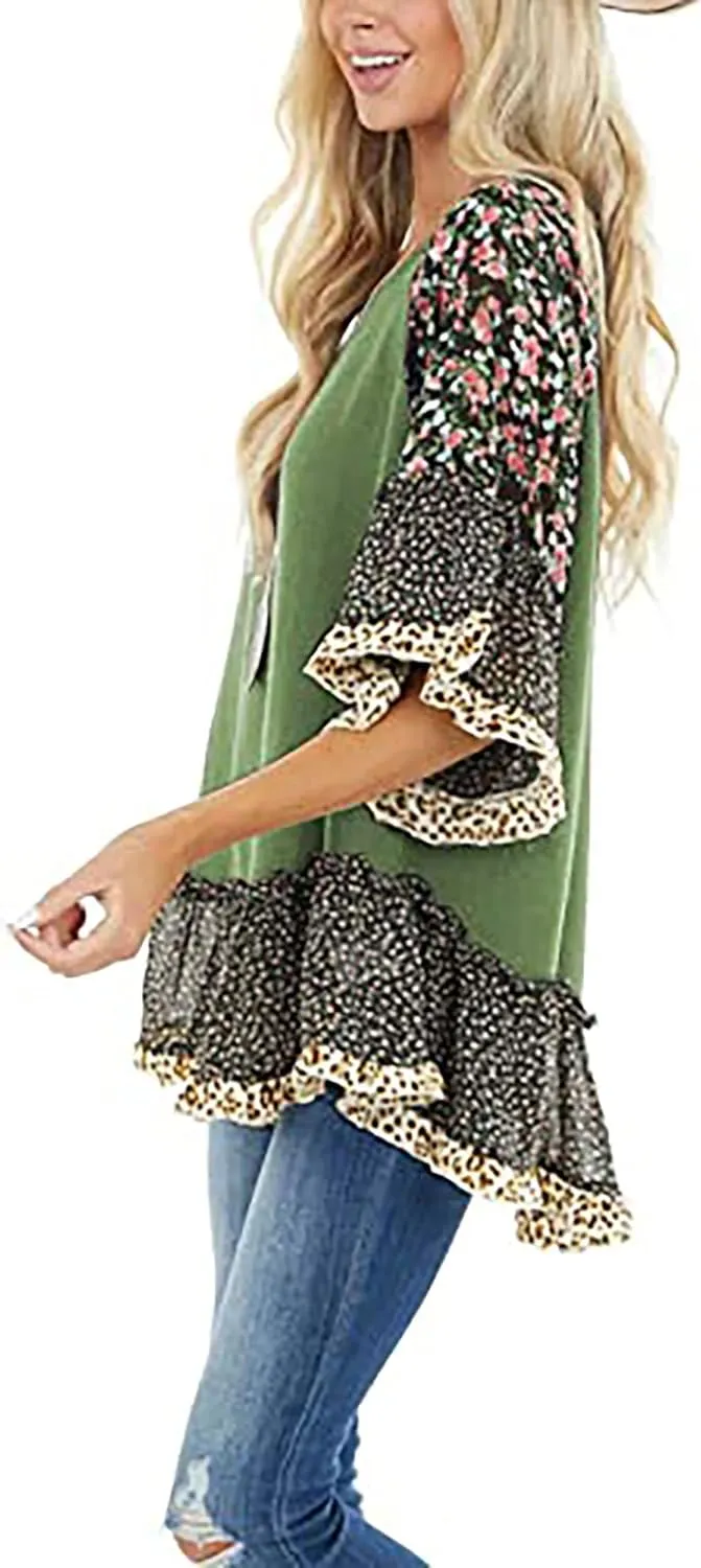 CASURESS Women's Floral Printed Ruffle 3 4 Sleeve Shirt Batwing Loose Tops Blouses Pullover