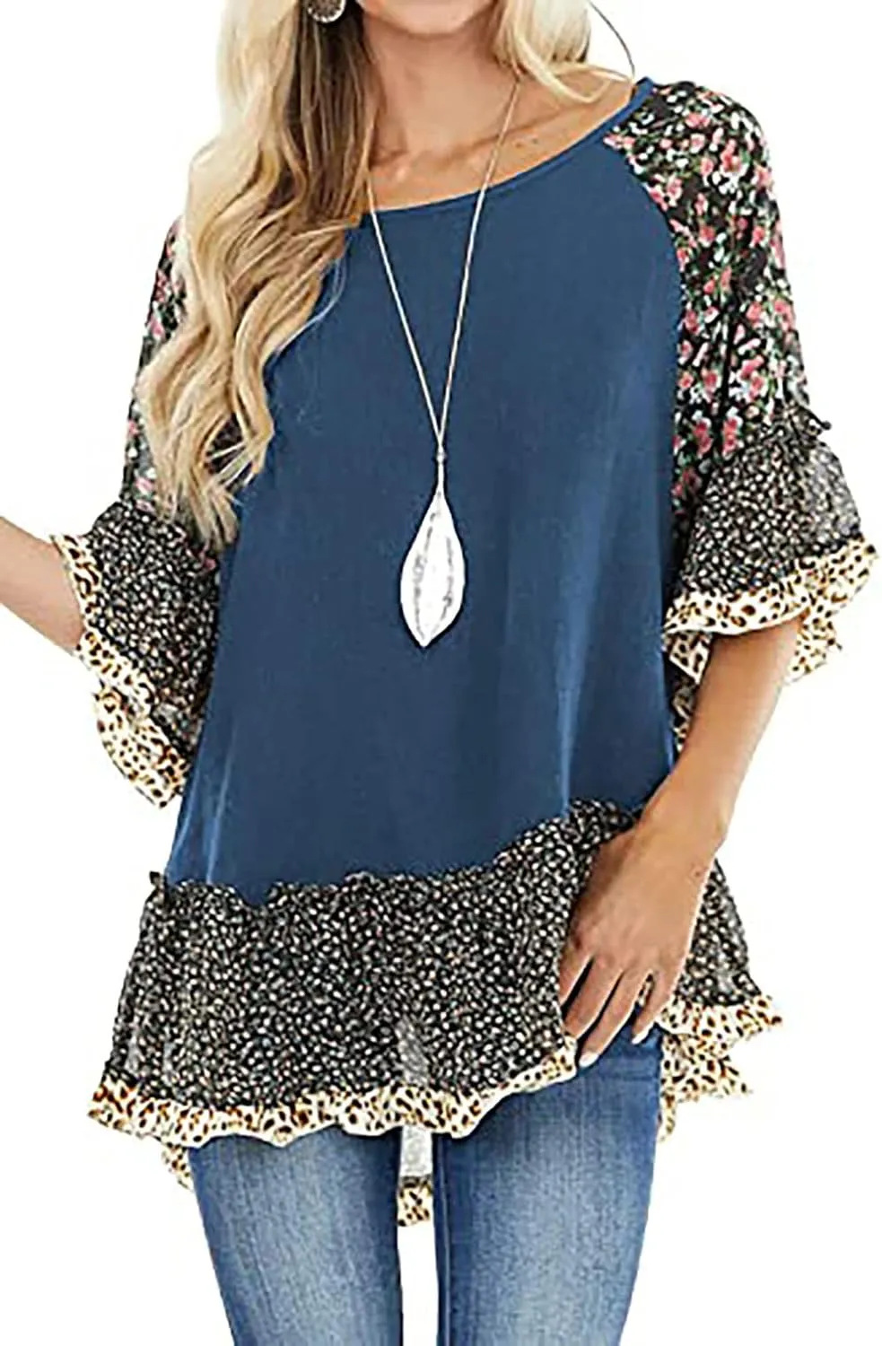CASURESS Women's Floral Printed Ruffle 3 4 Sleeve Shirt Batwing Loose Tops Blouses Pullover