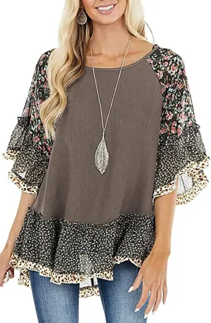 CASURESS Women's Floral Printed Ruffle 3 4 Sleeve Shirt Batwing Loose Tops Blouses Pullover