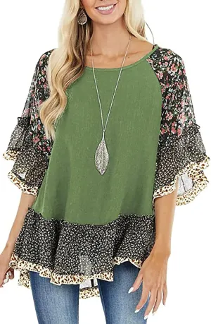 CASURESS Women's Floral Printed Ruffle 3 4 Sleeve Shirt Batwing Loose Tops Blouses Pullover