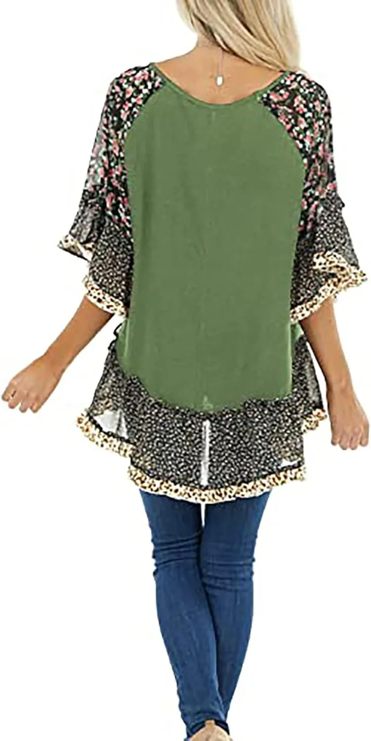CASURESS Women's Floral Printed Ruffle 3 4 Sleeve Shirt Batwing Loose Tops Blouses Pullover