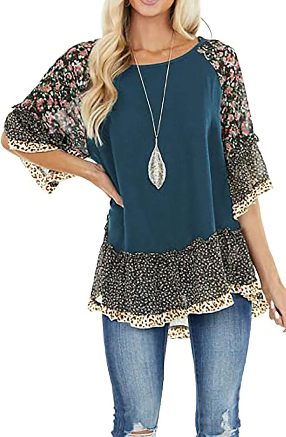 CASURESS Women's Floral Printed Ruffle 3 4 Sleeve Shirt Batwing Loose Tops Blouses Pullover