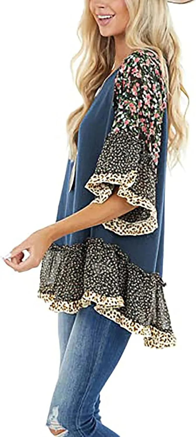 CASURESS Women's Floral Printed Ruffle 3 4 Sleeve Shirt Batwing Loose Tops Blouses Pullover