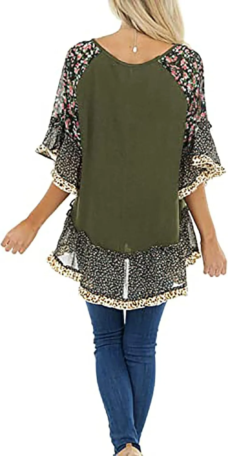 CASURESS Women's Floral Printed Ruffle 3 4 Sleeve Shirt Batwing Loose Tops Blouses Pullover