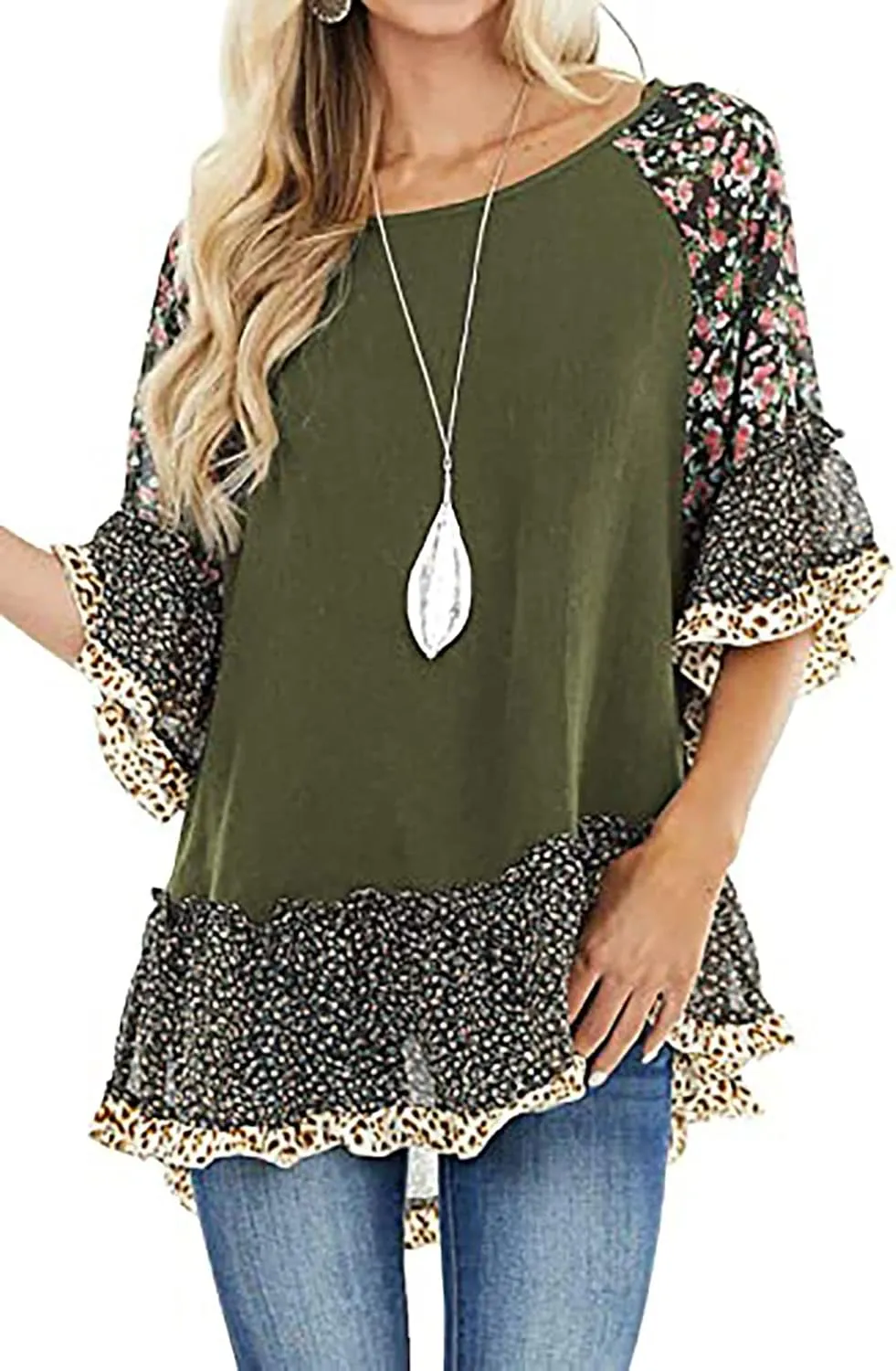 CASURESS Women's Floral Printed Ruffle 3 4 Sleeve Shirt Batwing Loose Tops Blouses Pullover
