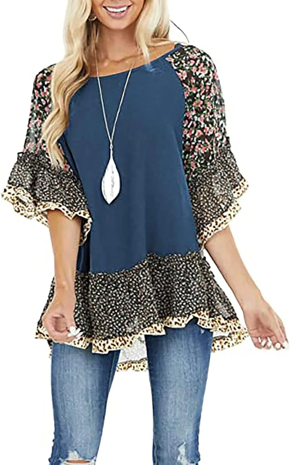 CASURESS Women's Floral Printed Ruffle 3 4 Sleeve Shirt Batwing Loose Tops Blouses Pullover