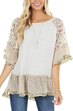 CASURESS Women's Floral Printed Ruffle 3 4 Sleeve Shirt Batwing Loose Tops Blouses Pullover