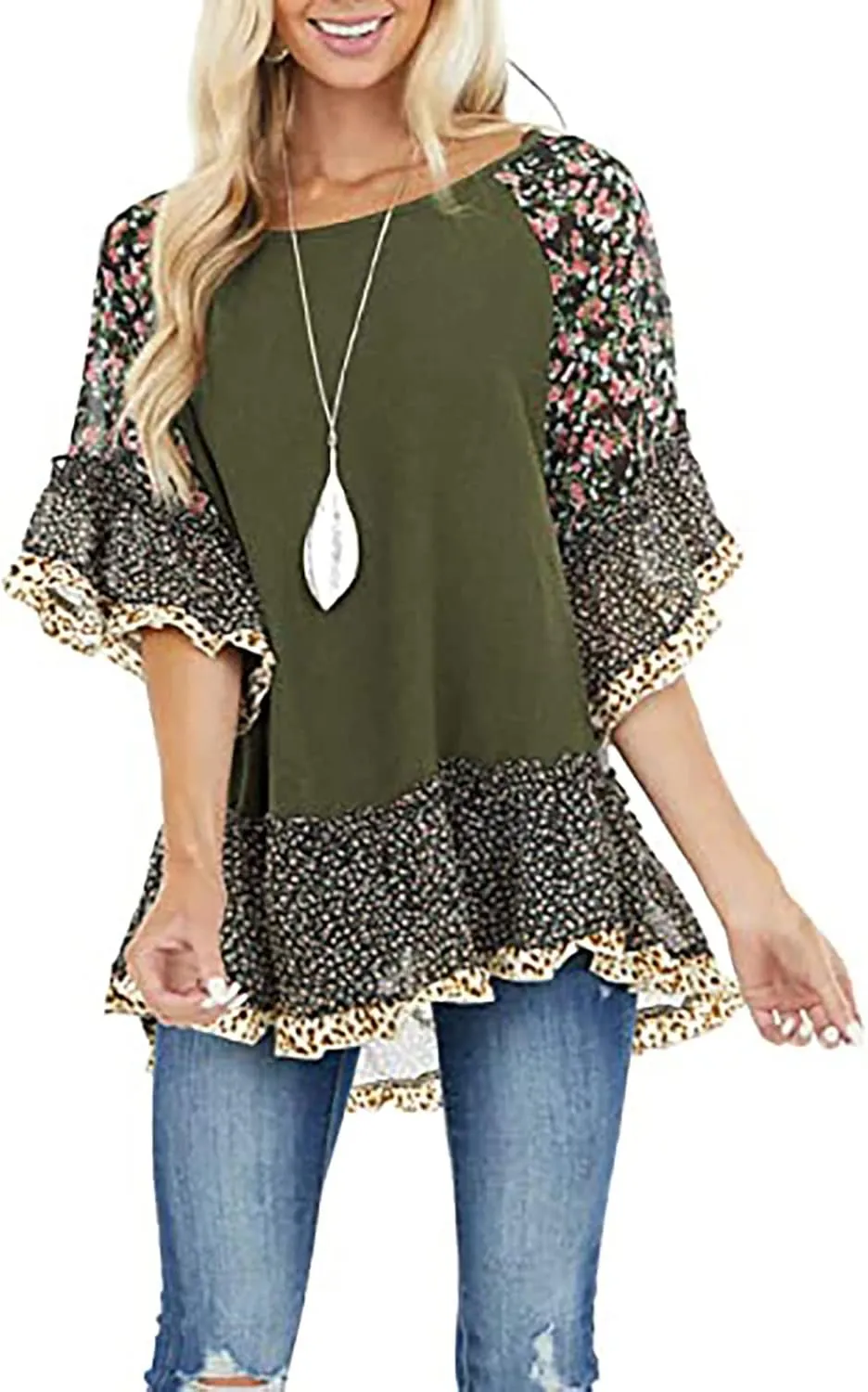 CASURESS Women's Floral Printed Ruffle 3 4 Sleeve Shirt Batwing Loose Tops Blouses Pullover