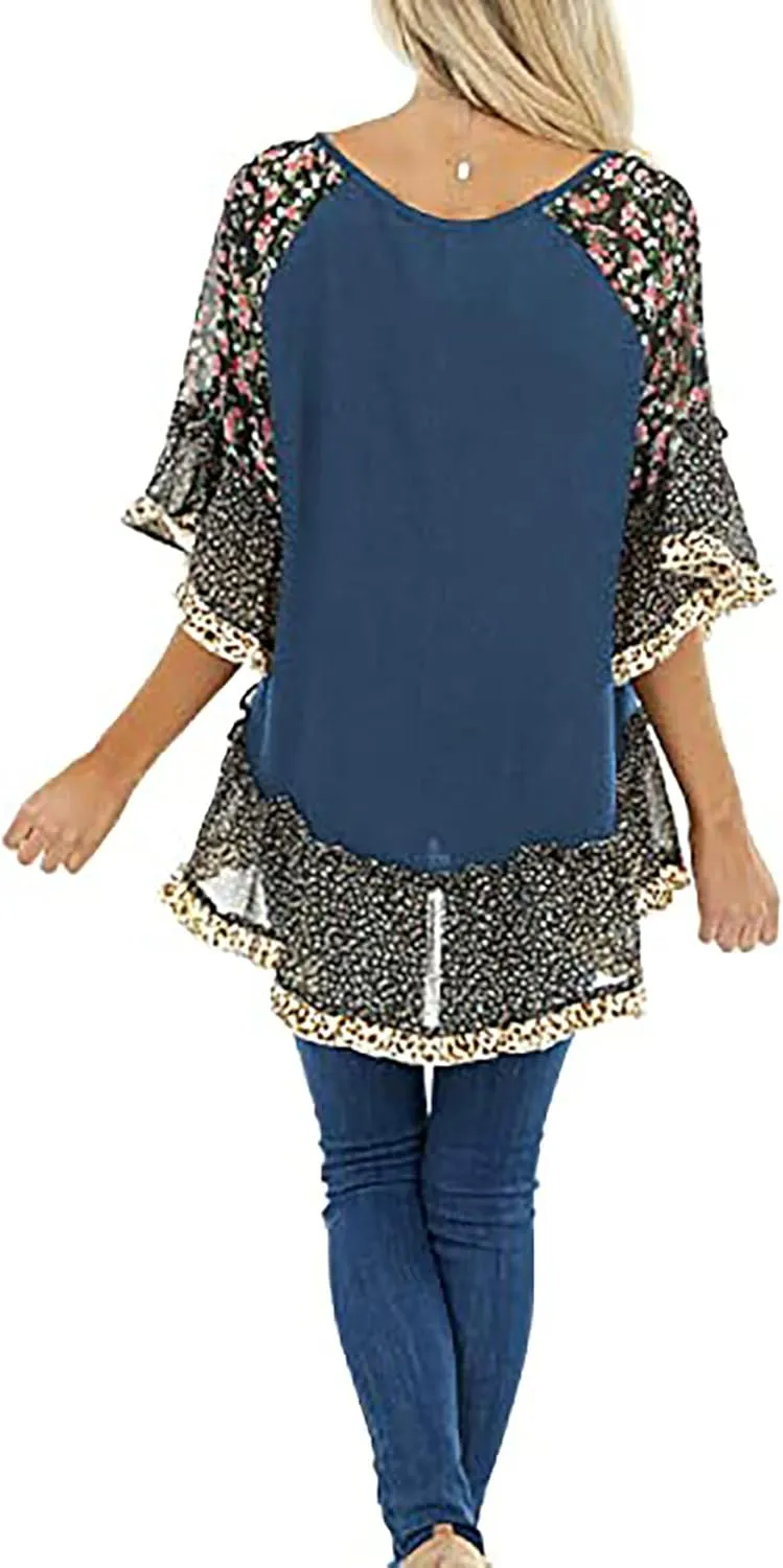 CASURESS Women's Floral Printed Ruffle 3 4 Sleeve Shirt Batwing Loose Tops Blouses Pullover