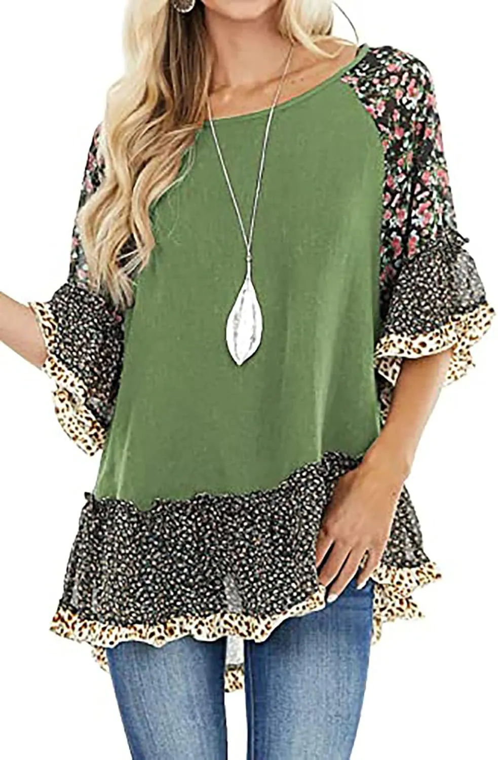 CASURESS Women's Floral Printed Ruffle 3 4 Sleeve Shirt Batwing Loose Tops Blouses Pullover