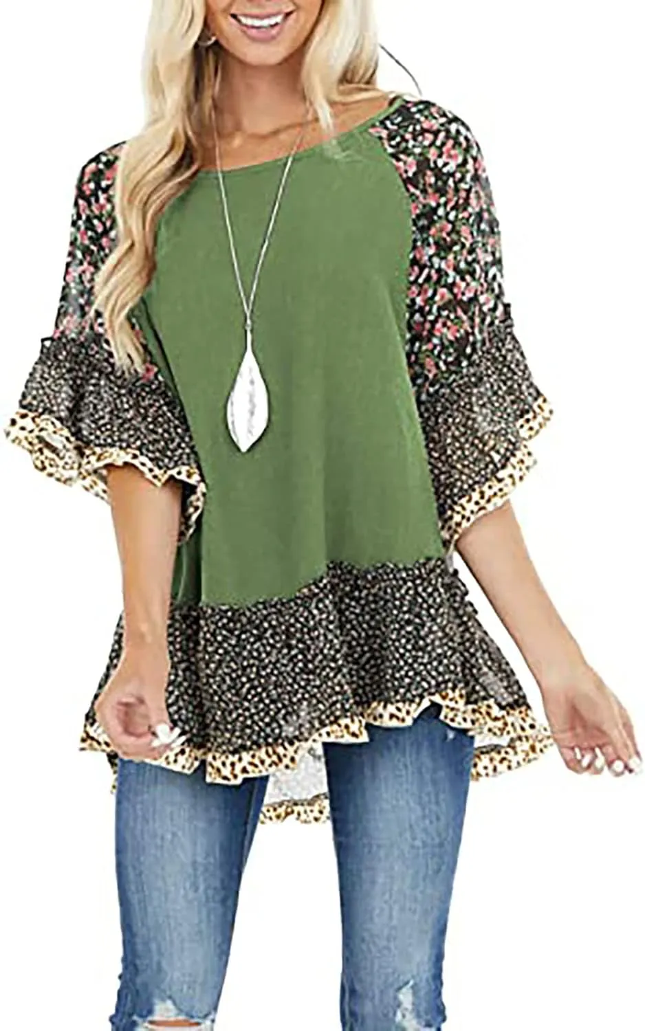 CASURESS Women's Floral Printed Ruffle 3 4 Sleeve Shirt Batwing Loose Tops Blouses Pullover