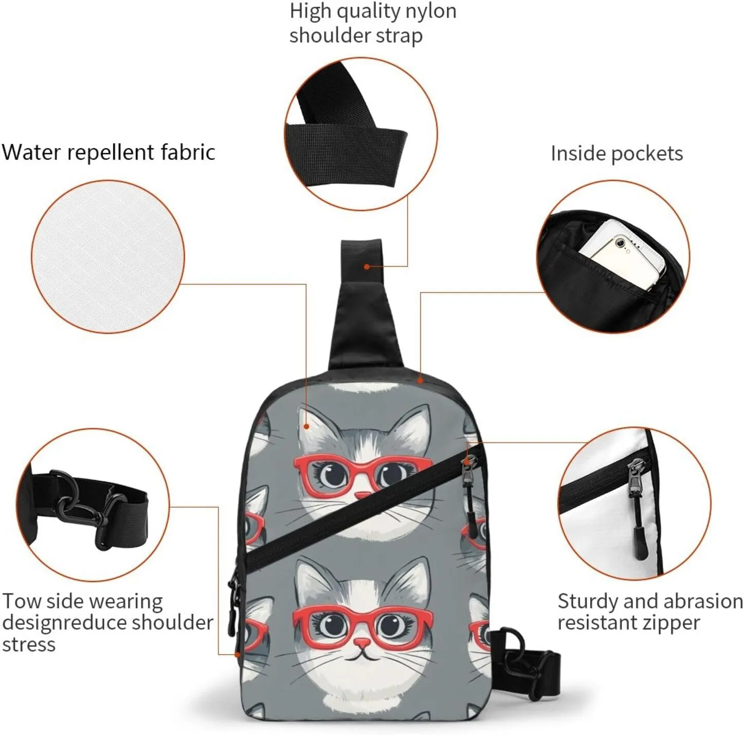 Cat Print Crossbody Bags For Women, Sling Bag For Men, Hiking Backpack Lightweight For Casual Outdoor Travel