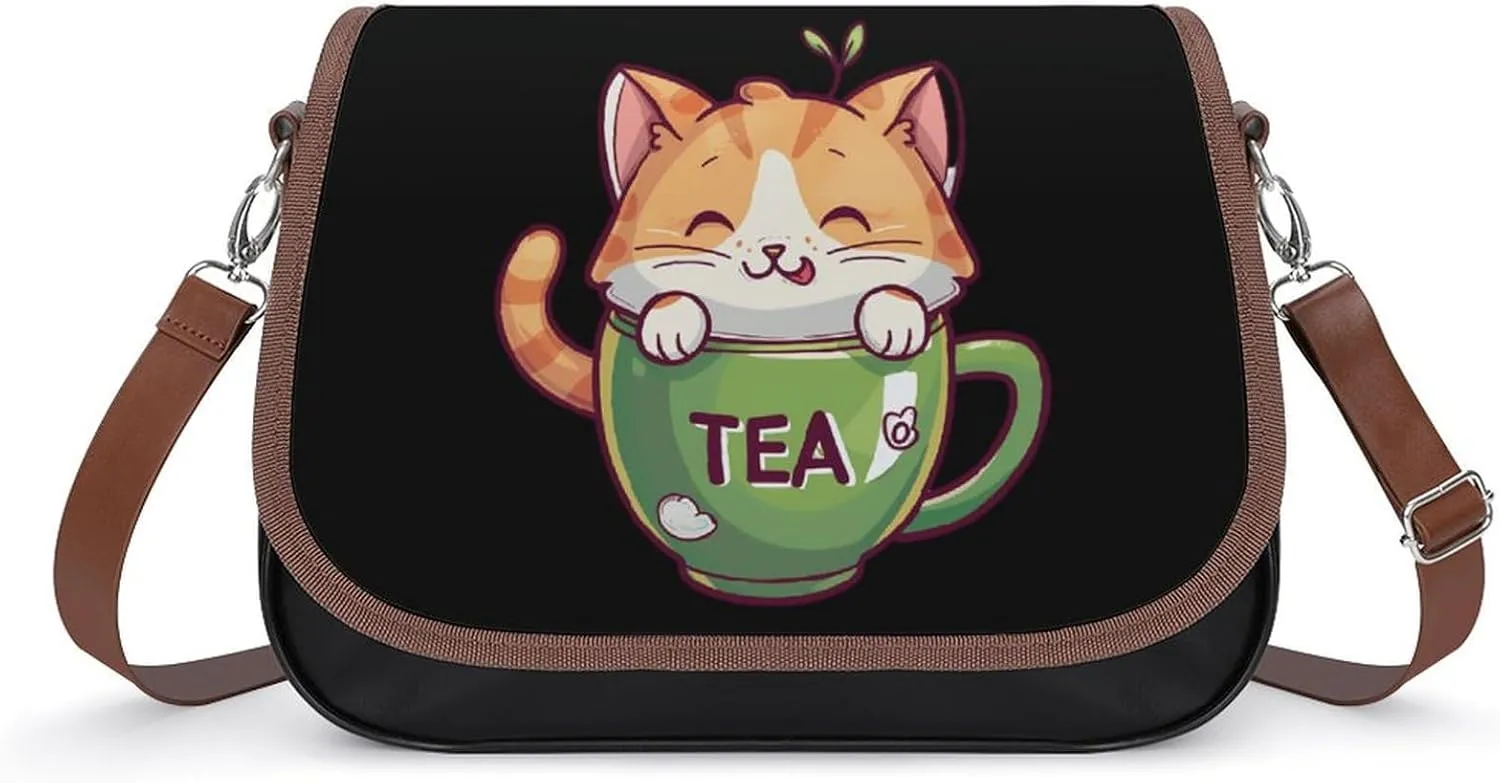Cat Teacup Crossbody Bags for Women PU Leather Tote Bag Purse Shoulder Bag for Travel Office