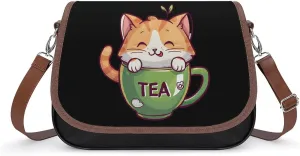 Cat Teacup Crossbody Bags for Women PU Leather Tote Bag Purse Shoulder Bag for Travel Office
