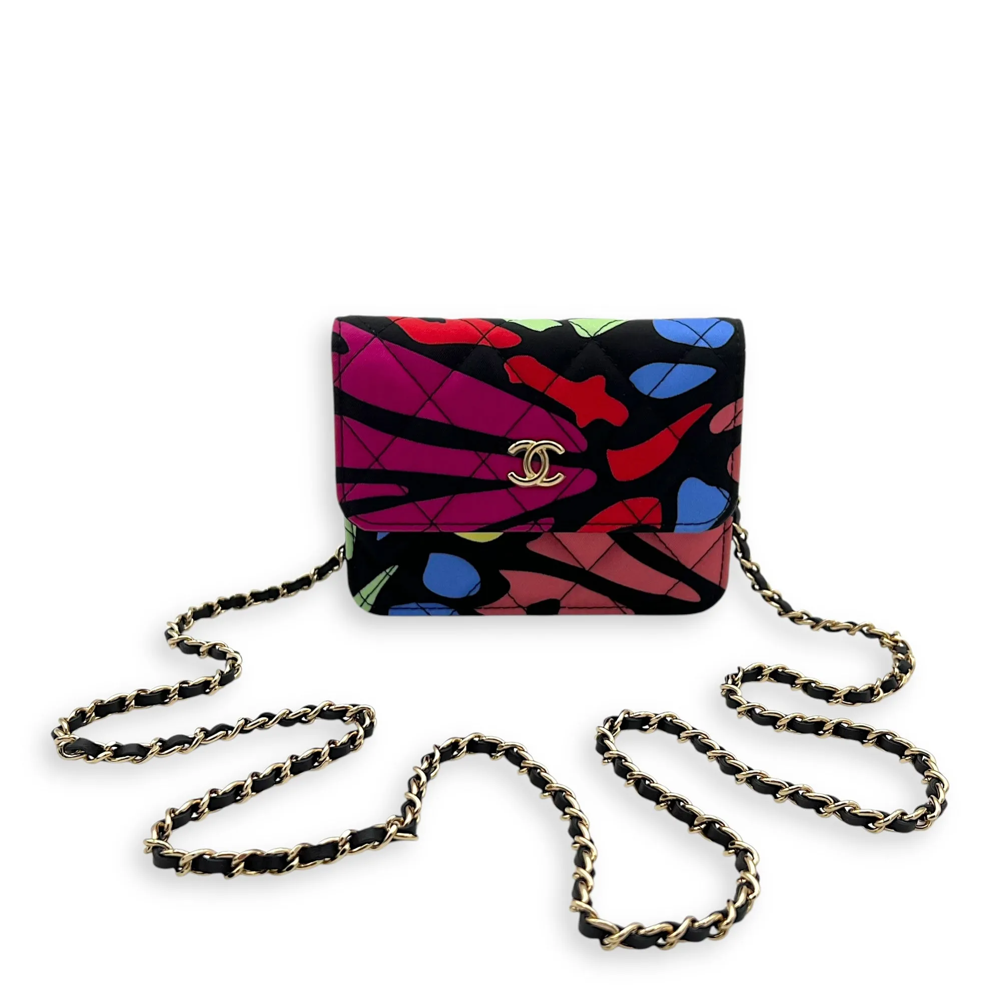 CC Floral Printed Mini Multi-colour Wallet On Chain in Fabric, Gold hardware