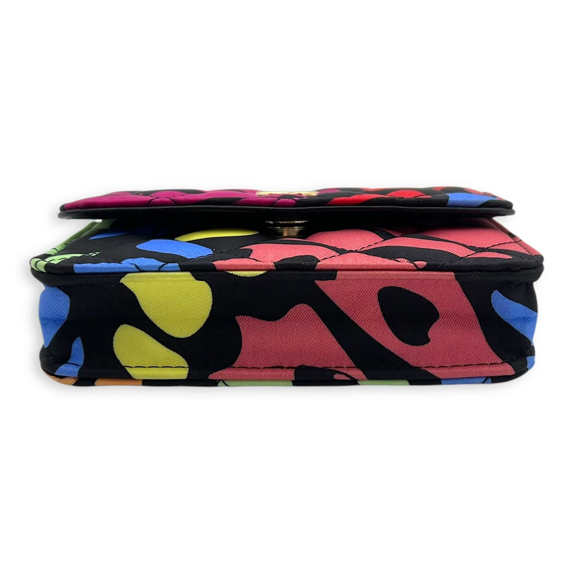CC Floral Printed Mini Multi-colour Wallet On Chain in Fabric, Gold hardware