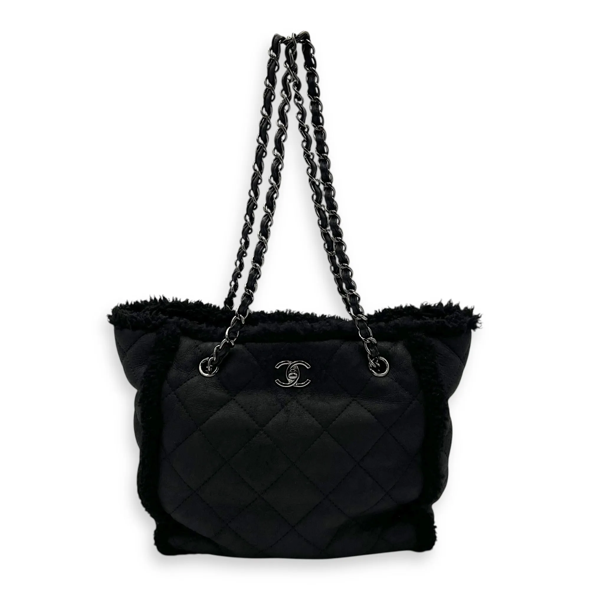 CC Shoulder Bag Black in Shearling, Silver hardware