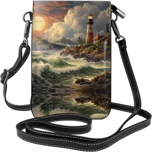 Cell Phone Purse Coast Wave And Lighthouse Printed Leather Small Crossbody Bags Lightweight Mini Shoulder Bag