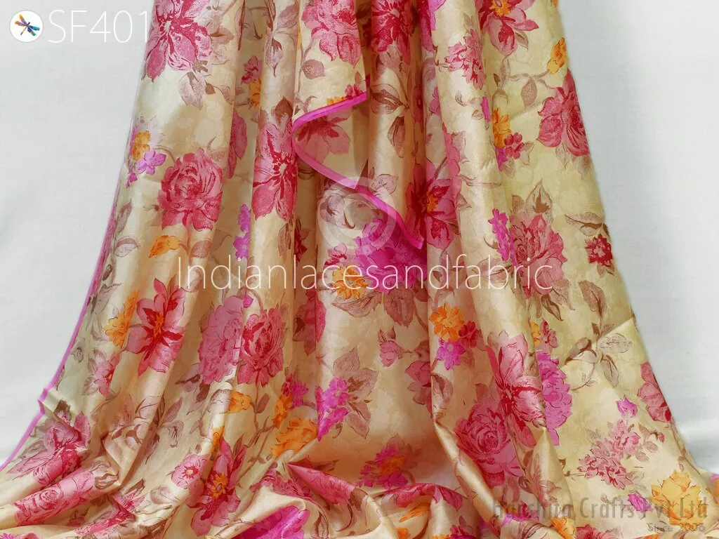 Champagne Soft Pure Printed Silk by the yard Saree Fabric Wedding Dress Bridesmaids Costumes Party Dresses Pillows Cushion Cover Drapery