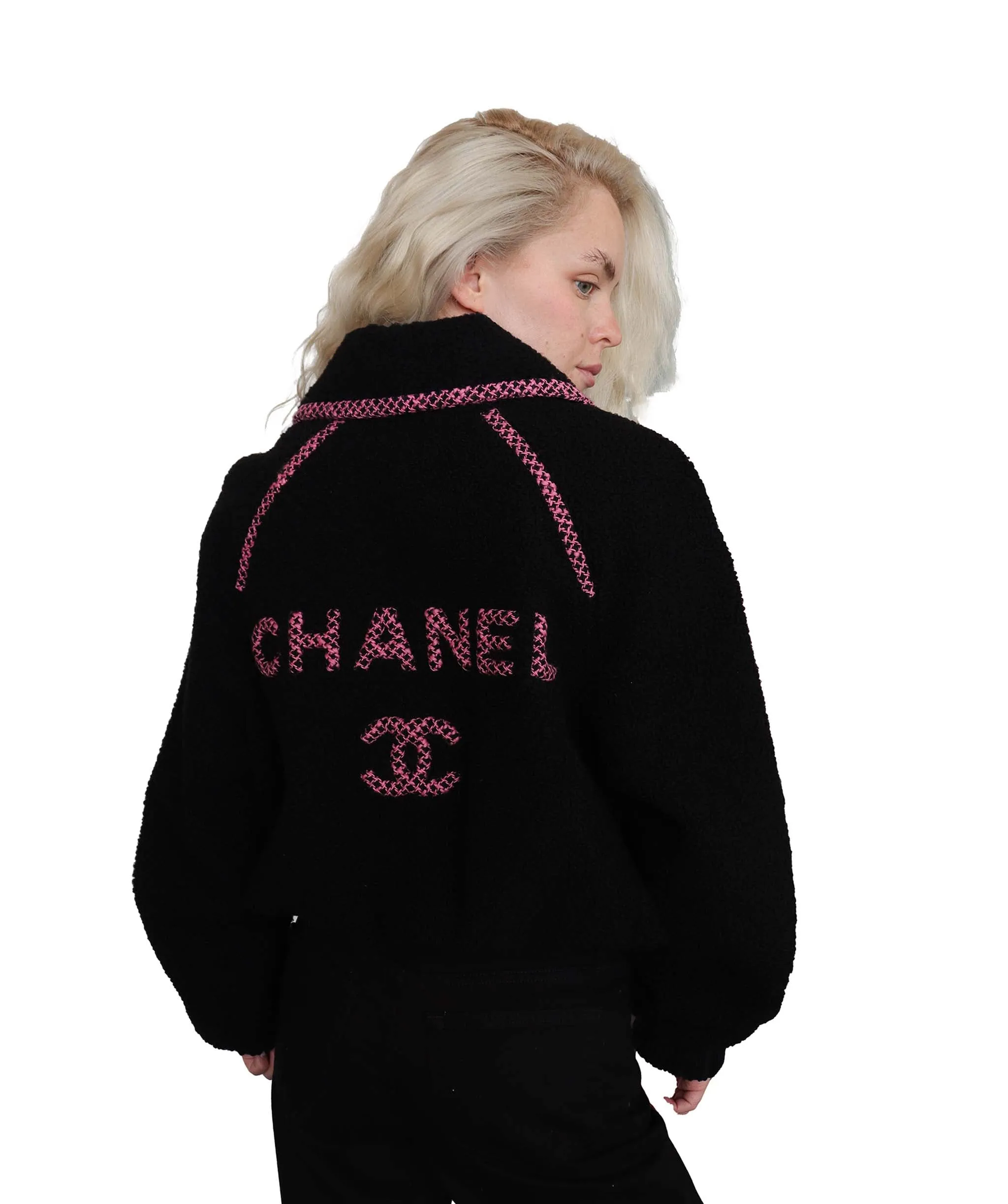 Chanel Tweed Trimmed CC Coco Mark Logo Shearling Bomber Jacket DXBS2544