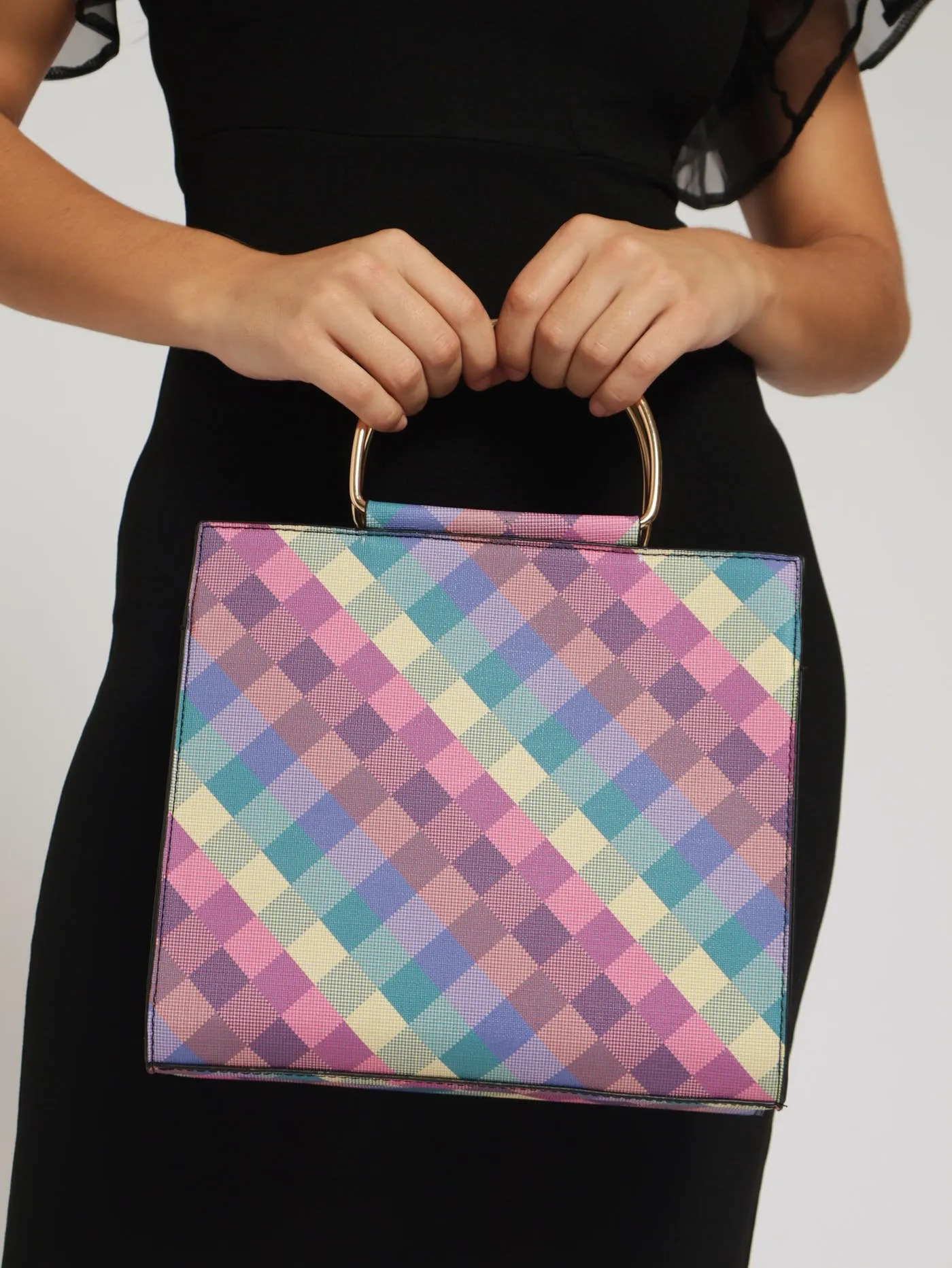 Check Print Tote With Gold Handle