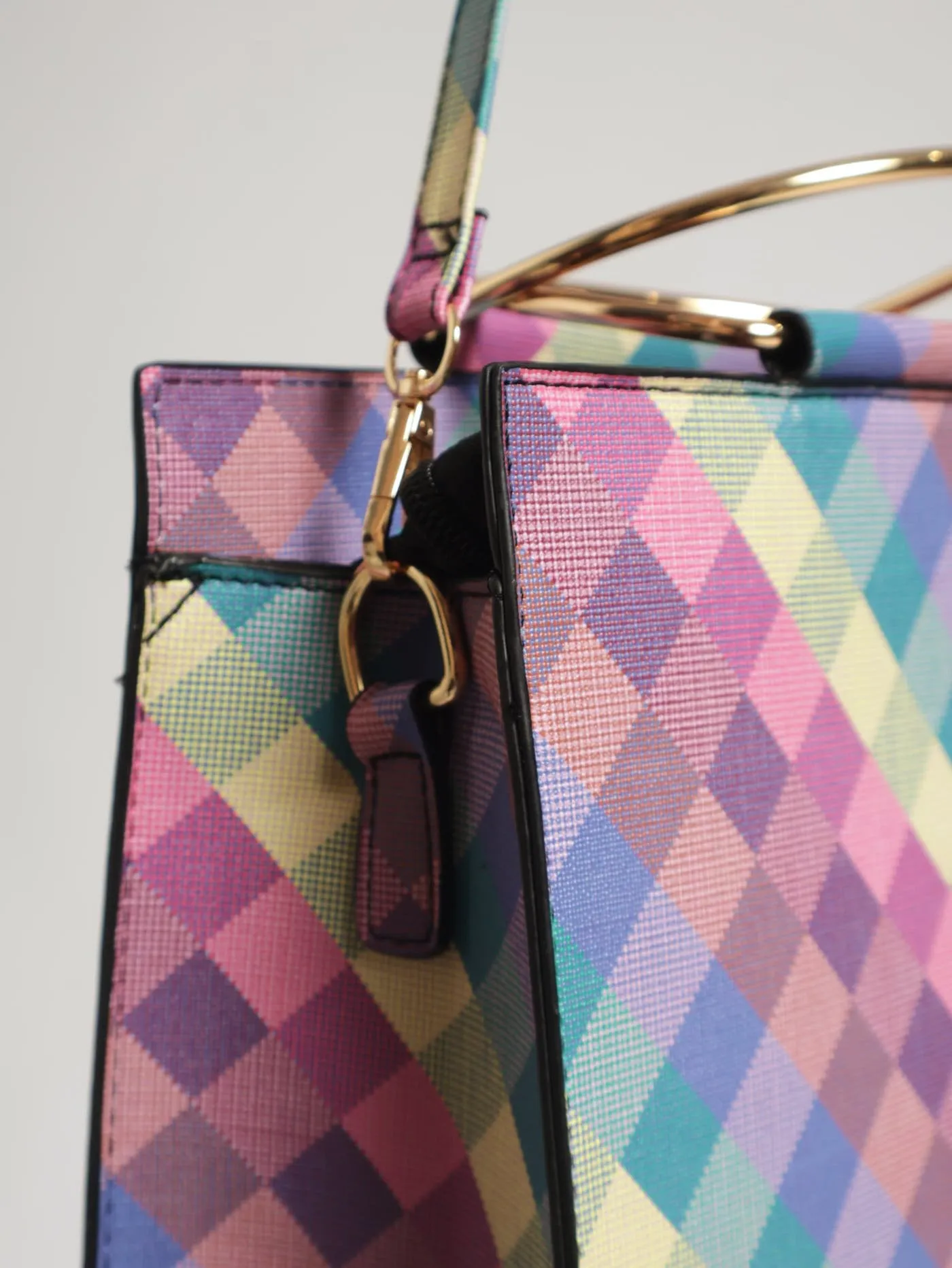 Check Print Tote With Gold Handle