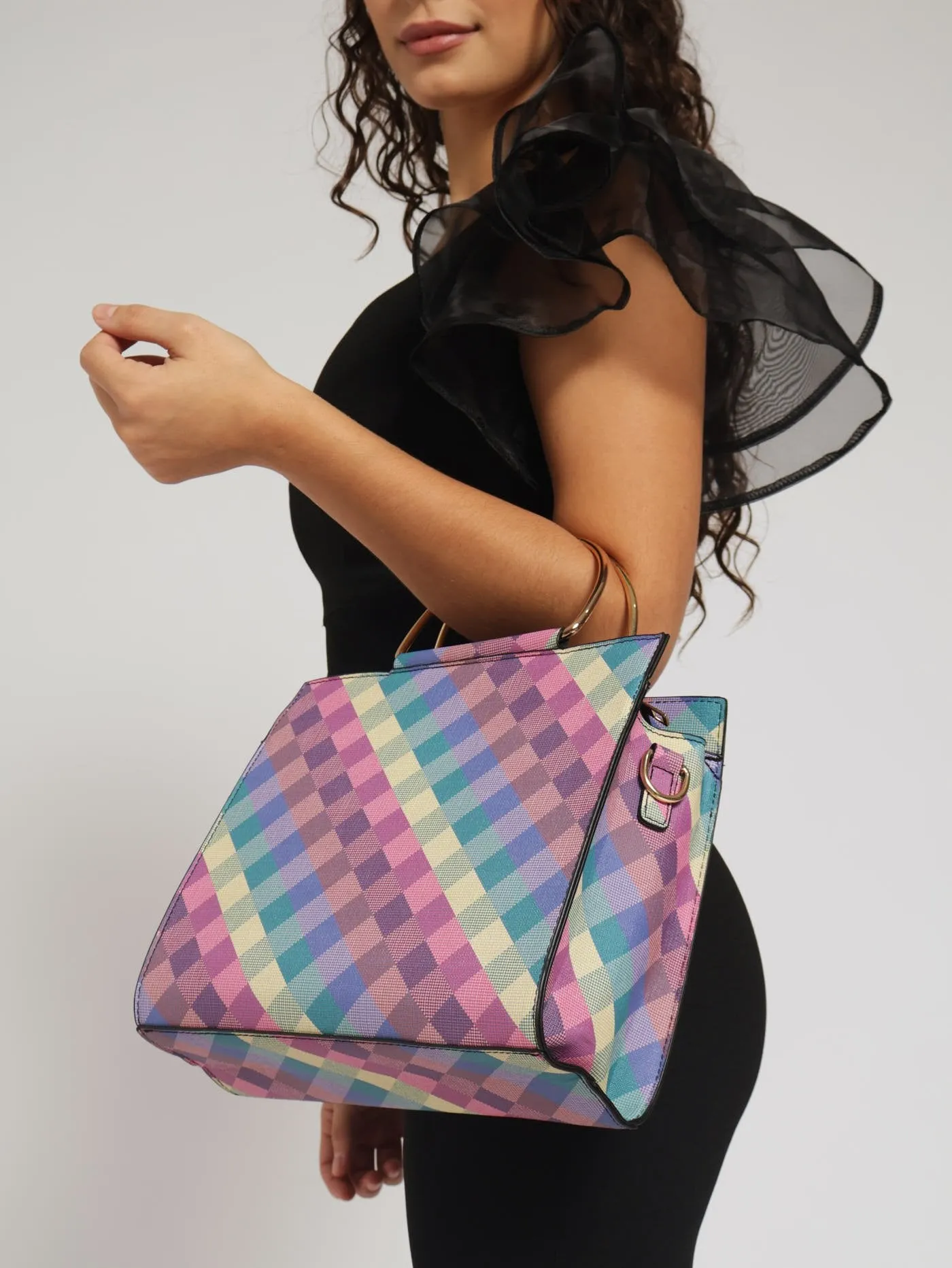 Check Print Tote With Gold Handle