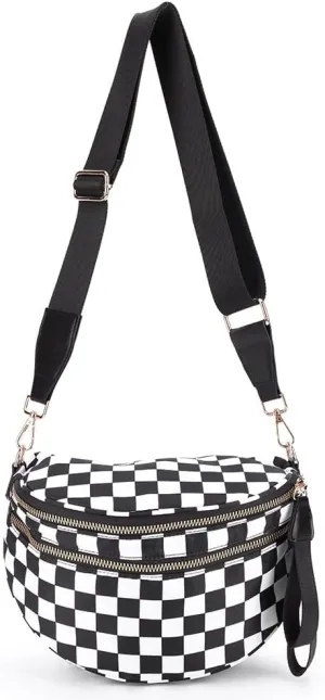 Checkered Crossbody Bag Spacious Nylon Crossbody Bag for Women Black and White Checkered Purse Bum Bags Belt Bags