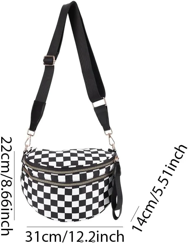 Checkered Crossbody Bag Spacious Nylon Crossbody Bag for Women Black and White Checkered Purse Bum Bags Belt Bags