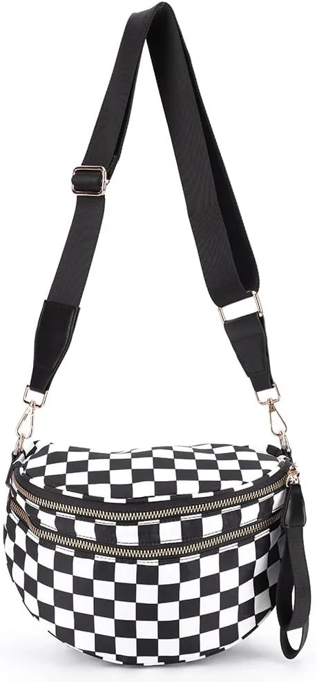 Checkered Crossbody Bag Spacious Nylon Crossbody Bag for Women Black and White Checkered Purse Bum Bags Belt Bags