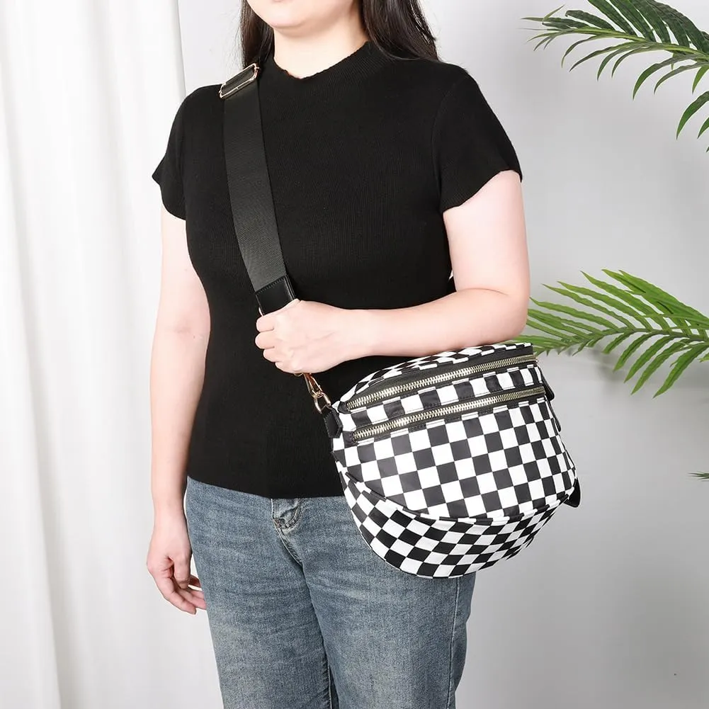 Checkered Crossbody Bag Spacious Nylon Crossbody Bag for Women Black and White Checkered Purse Bum Bags Belt Bags
