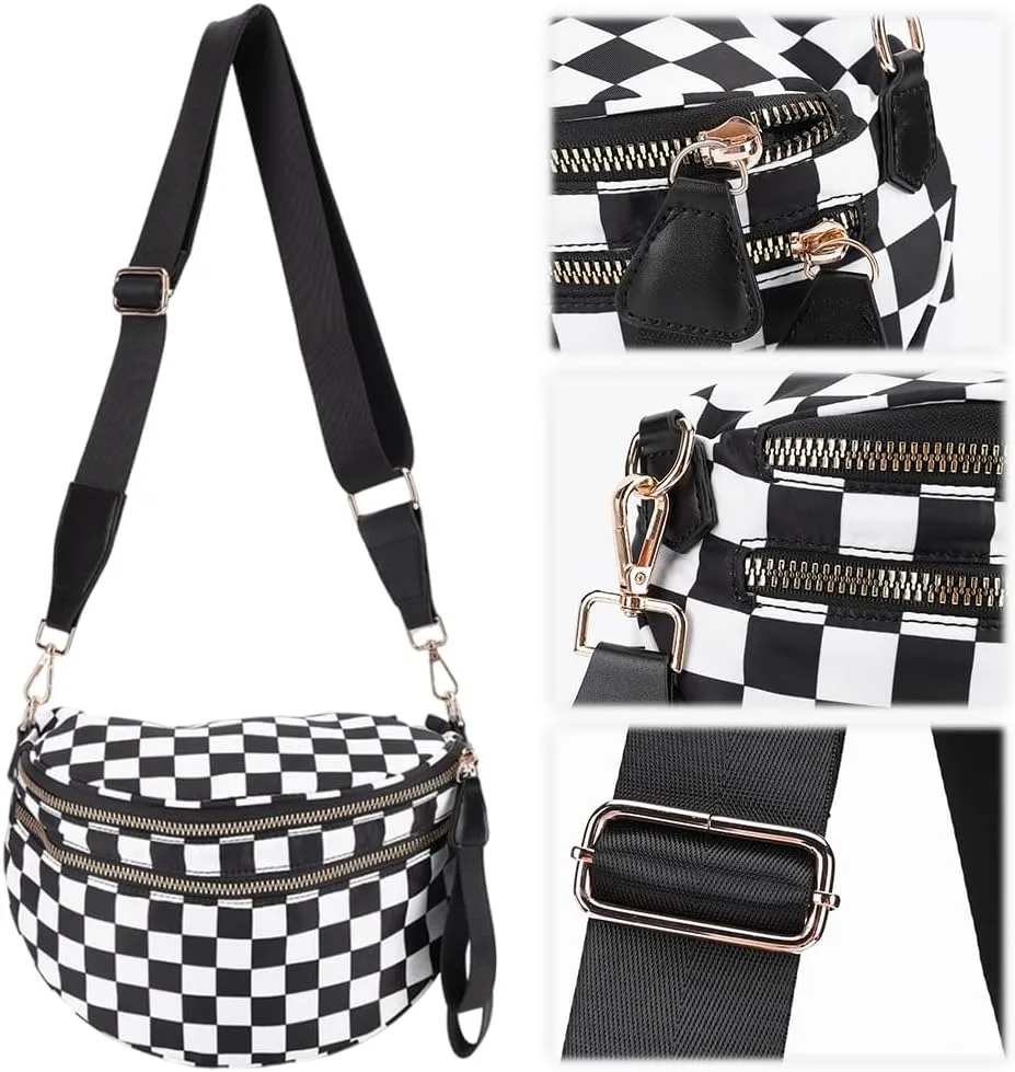 Checkered Crossbody Bag Spacious Nylon Crossbody Bag for Women Black and White Checkered Purse Bum Bags Belt Bags