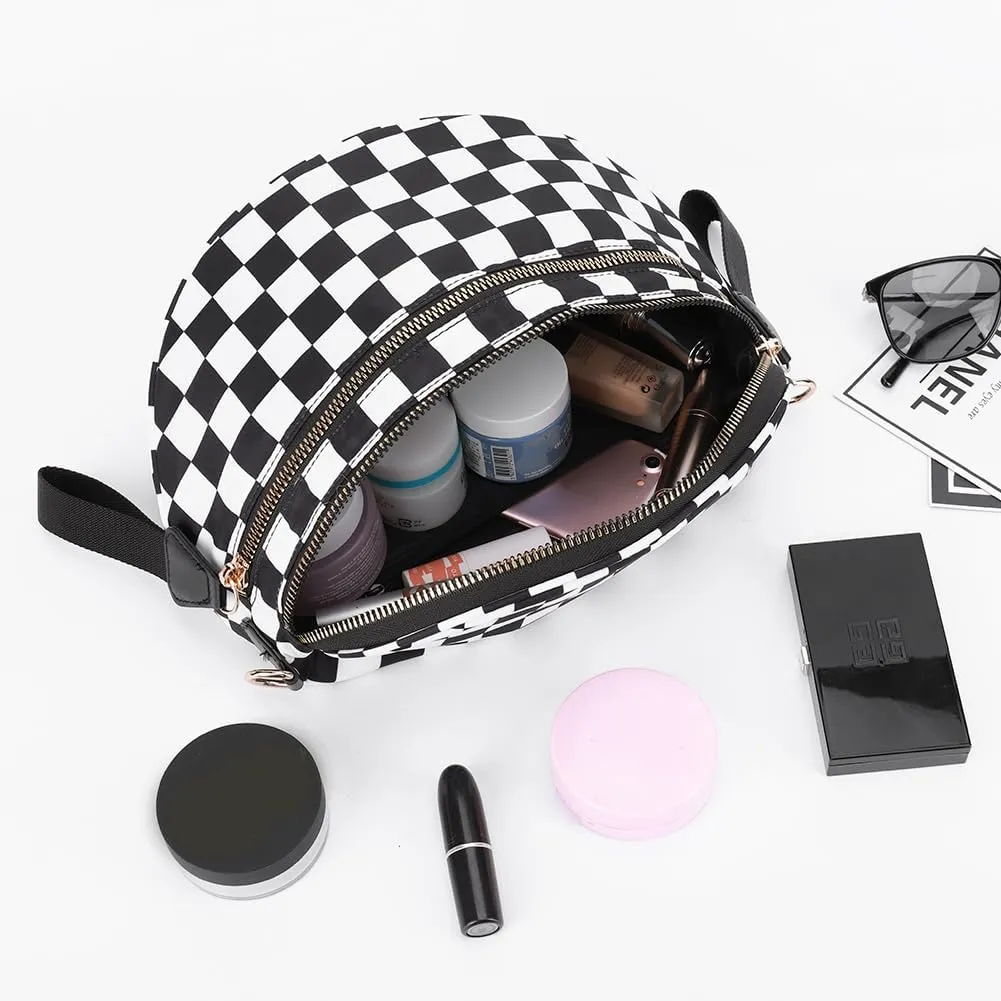 Checkered Crossbody Bag Spacious Nylon Crossbody Bag for Women Black and White Checkered Purse Bum Bags Belt Bags