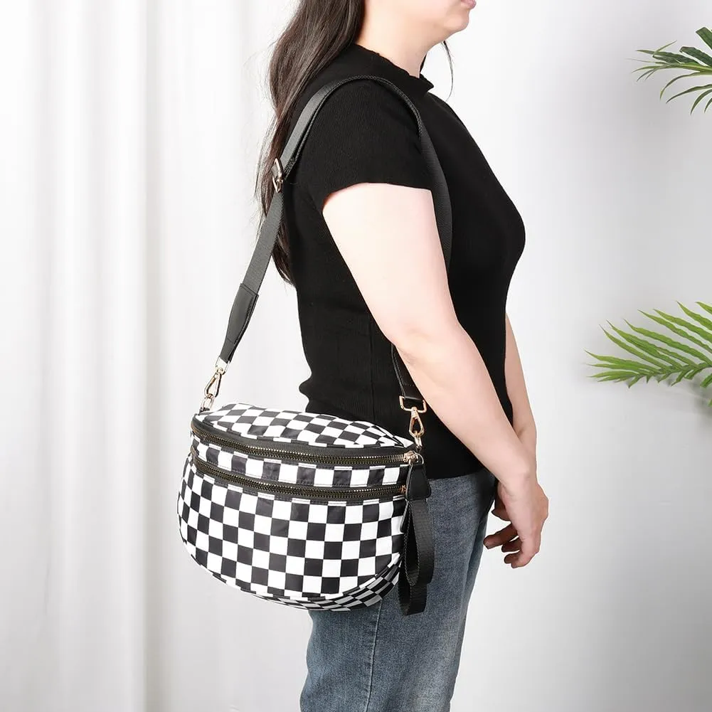 Checkered Crossbody Bag Spacious Nylon Crossbody Bag for Women Black and White Checkered Purse Bum Bags Belt Bags